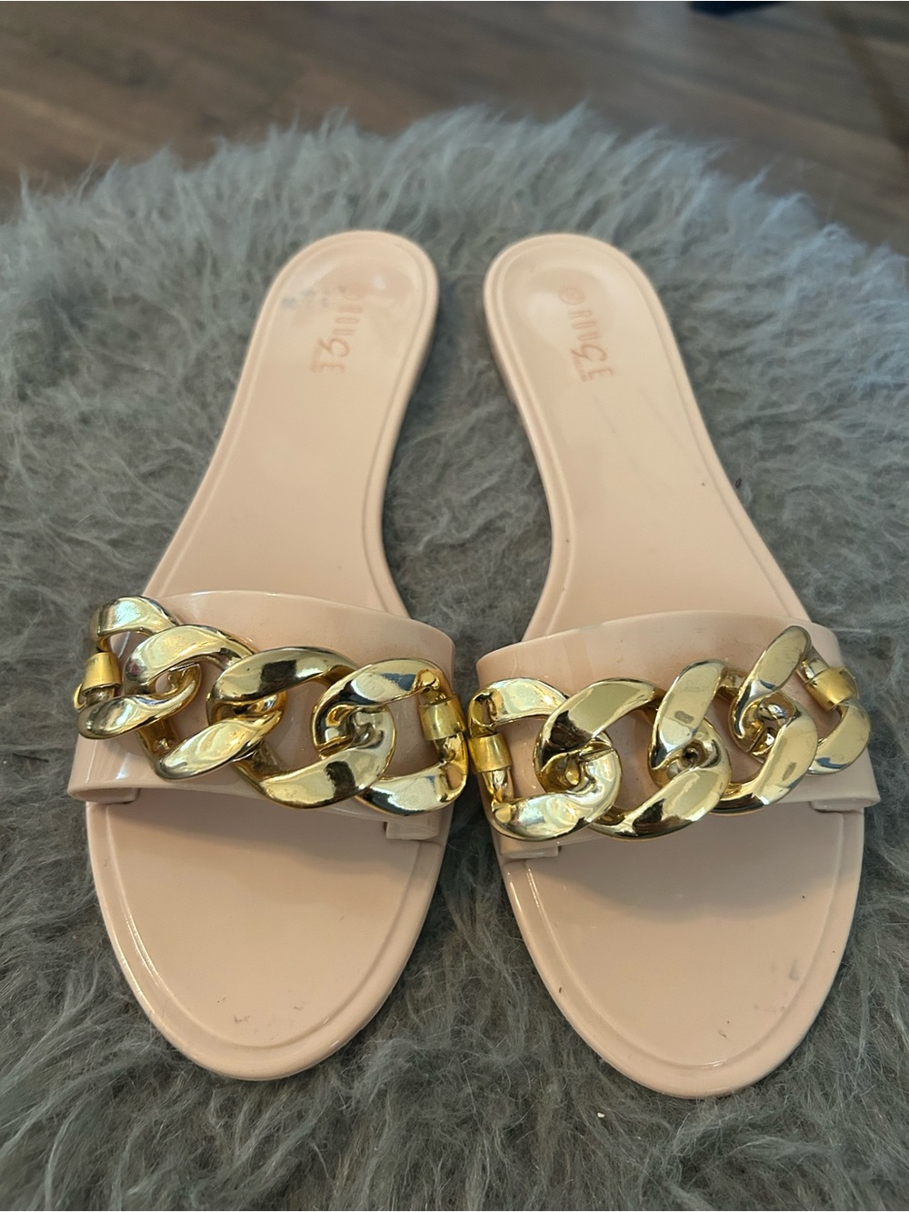 Women's Jelly Blush Pink Slide Sandals with Gold Chain Accent